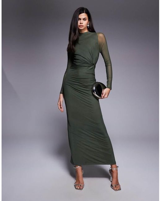 ASOS Green Mesh Long Sleeve Twist Bust Detail Halter Maxi Dress