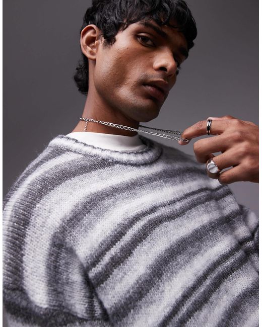 Topman Gray Relaxed Fit Fluffy Stripe Jumper for men