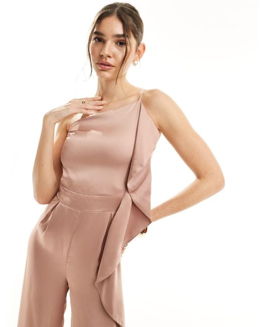 TFNC London Pink Bridesmaid Satin One Shoulder Jumpsuit With Frill Detail