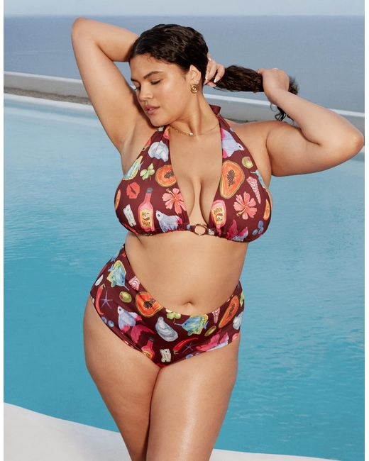 ASOS Blue Asos design curve – celeste – bikinihose mit hohem beinausschnitt, hoher taille und urlaubsprint