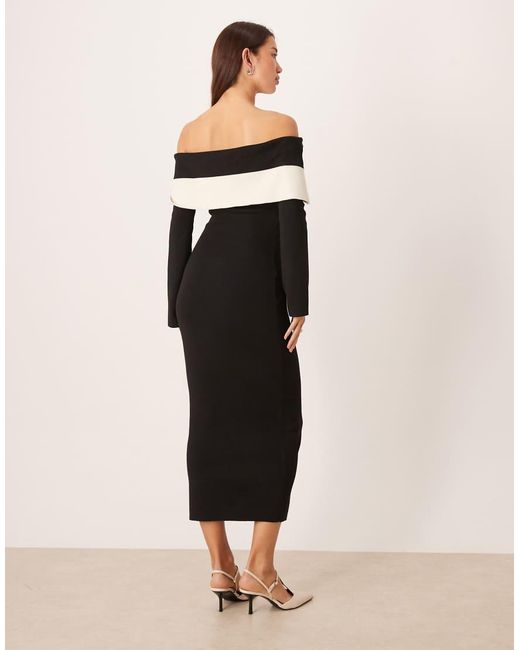 Pretty Lavish Natural Rib Knit Off The Shoulder Contrast Bow Midaxi Dress