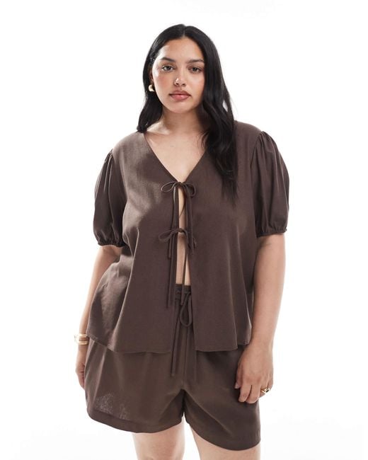 Pieces Plus Brown Pieces Curve Tie Detail Short Sleeve Top