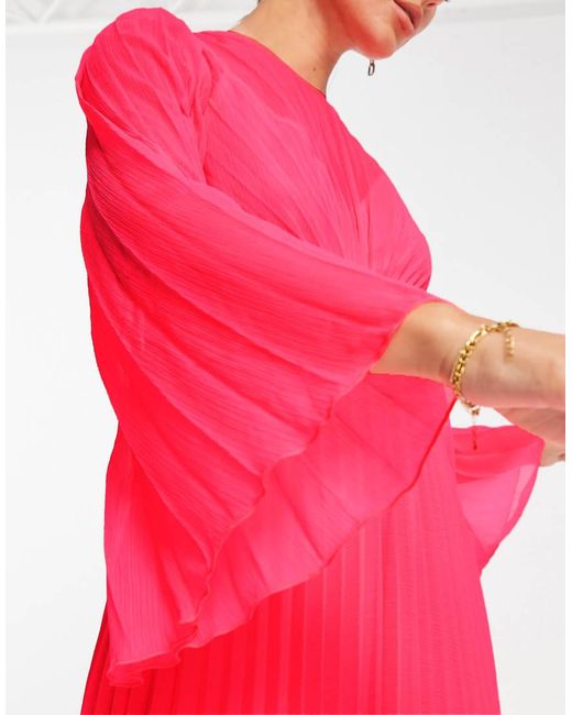 ASOS Pink Tie Back Fluted Sleeve Pleated Midi Dress