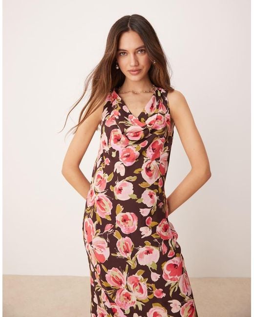 Mango Pink Floral Print Cowl Neck Midaxi Dress