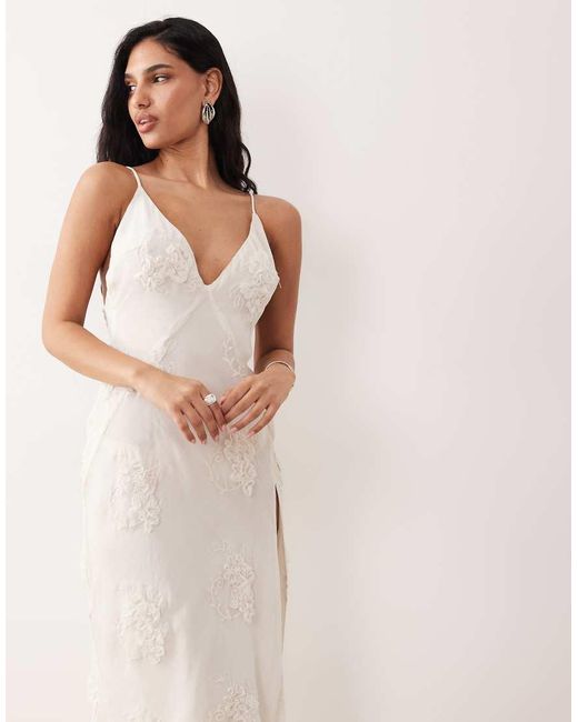 Bardot Natural Romaya Chiffon V Neck Floral Applique Detail Maxi Dress