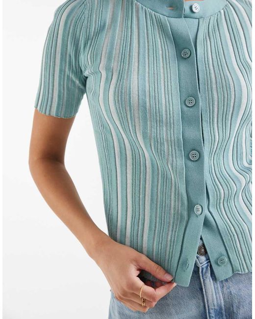 & Other Stories Blue Knitted Ribbed Short Sleeve Cardigan