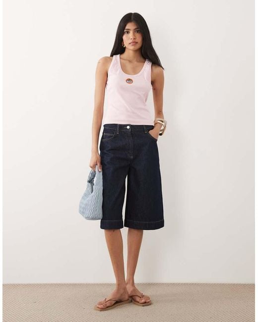 ASOS Blue Ribbed Scoop Tank Top With Embroidery Detail On