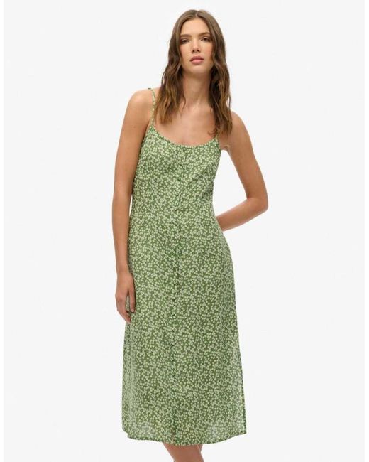 Superdry Green Printed Button-Up Cami Midi Dress