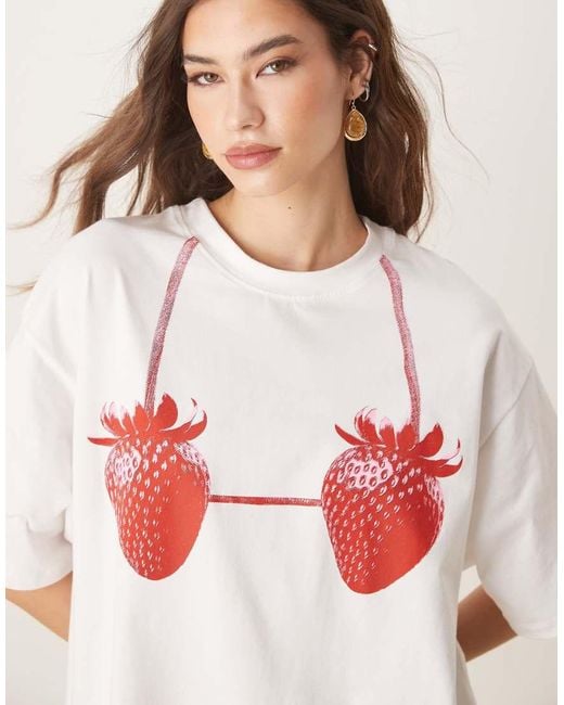 ASOS Natural Oversized T-shirt Mini Dress With Strawberry Print