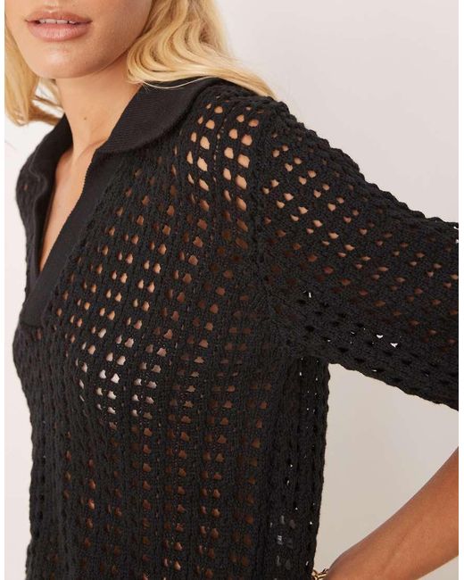 Brave Soul Black Pointelle Knit Collared T-Shirt