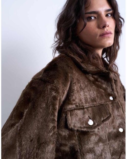 TOPSHOP Brown Faux Fur Western Trucker Jacket