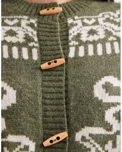 Daisy Street Green Boxy Cardigan With Floral Graphic And Toggles