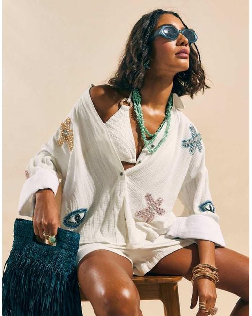 River Island Natural Cotton Embellished Beach Shirt