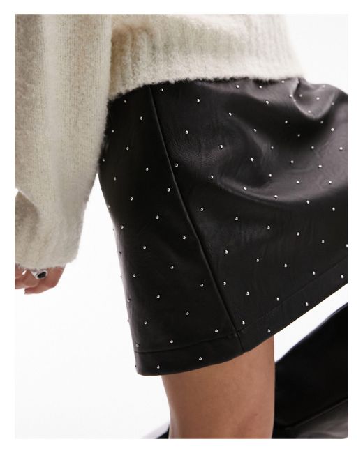 TOPSHOP Black Premium Leather Look Studded Mini Skirt