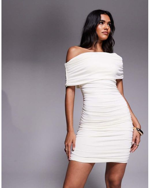 Aria Cove White Slinky Asymmetric Shoulder Ruched Detail Bodycon Mini Dress