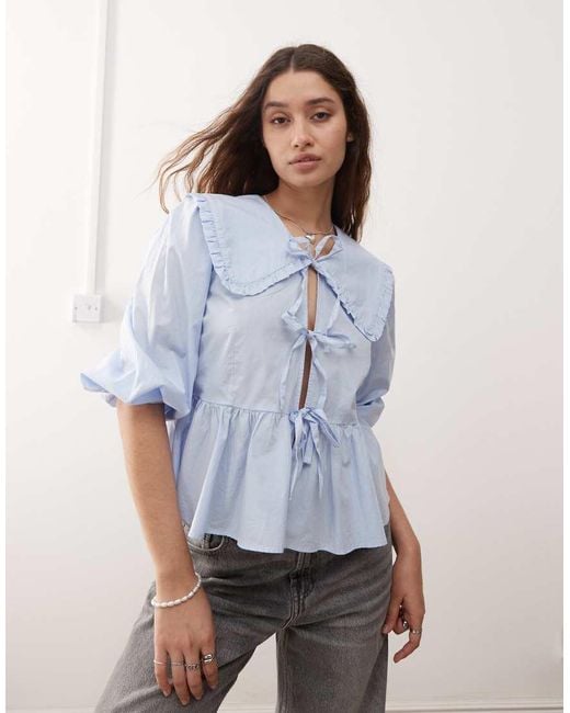 Monki Blue Long Sleeve Frill Collared Peplum Blouse