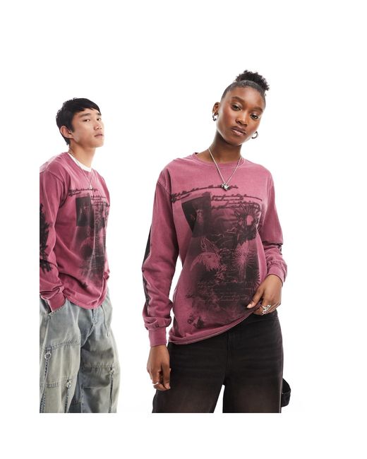 Reclaimed (vintage) Red Unisex Long Sleeve Oversized T-shirt With Blur Graphic