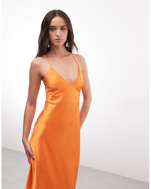 Miss Selfridge Orange Satin Back Detail Maxi Slip Dress