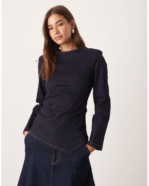 ASOS Blue Cinched Waist Denim Long Sleeve Top With Shoulder Pads