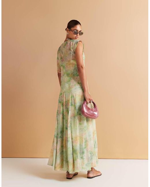 ASOS Natural Asym Sleeve Maxi Dress With Godet Hem