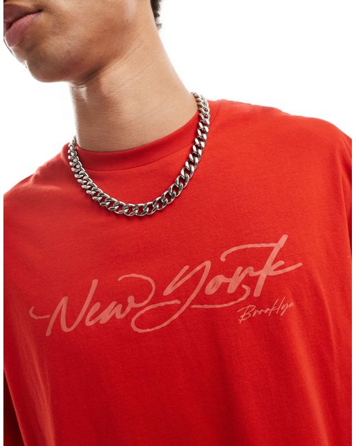 Camiseta corta roja extragrande con estampado "new york" ASOS de hombre de color Red