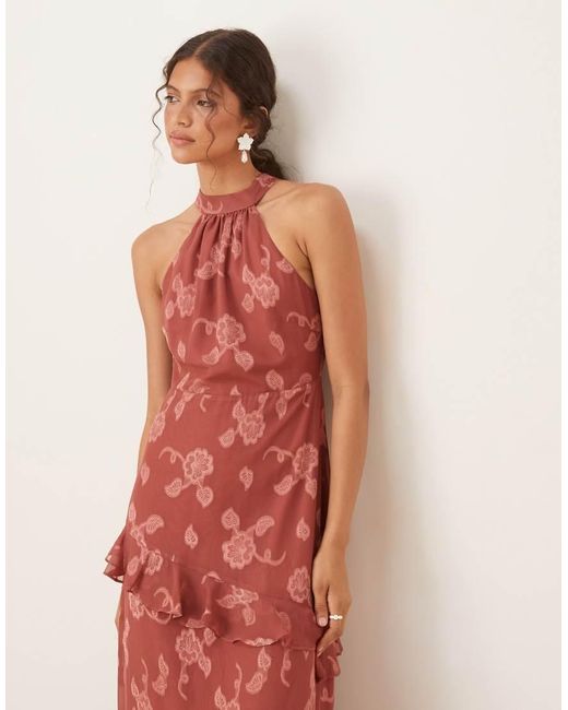Maya Red Floral Jacquard Halter Neck Maxi Dress