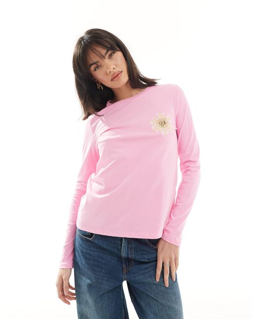 T-shirt à manches longues avec motif tournesol Pieces en coloris Pink