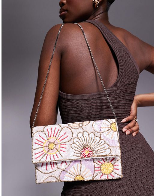 True Decadence Brown – mehrfarbige envelope-clutch mit pailletten und blumenmuster