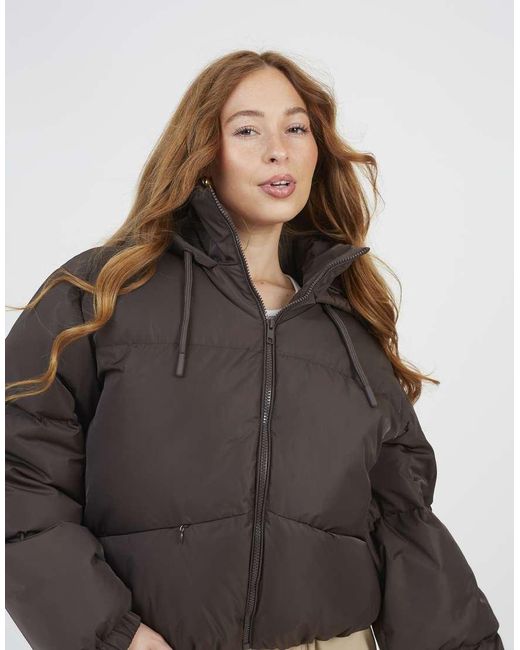 Brave Soul Brown Oversized Hooded Short Puffer Jacket