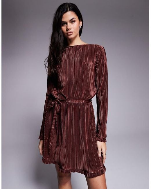 ASOS Purple Plisse Long Sleeve Tie Waist Mini Dress With Frill Detail