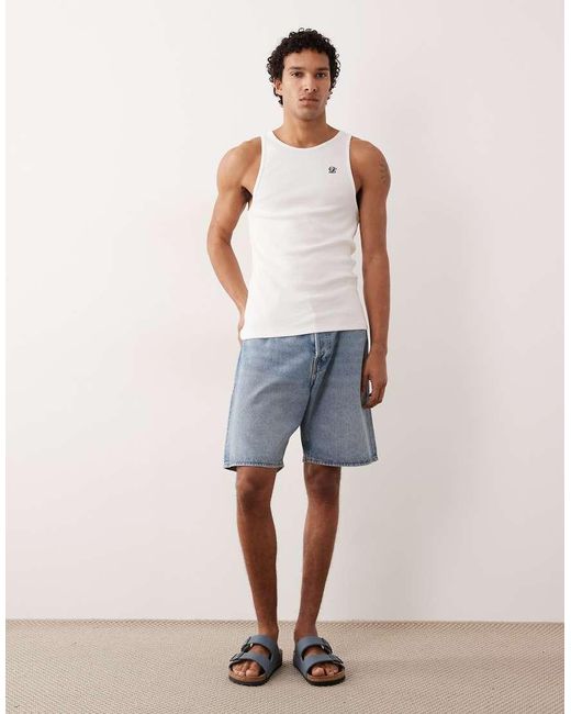 ASOS Blue Heavyweight Muscle Fit Tank Top With Embroidery for men