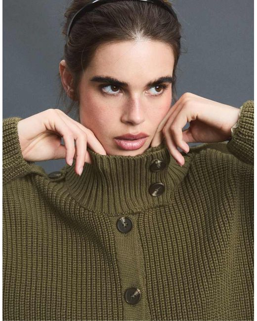 Stradivarius Gray High-Neck Button-Up Knit Cardigan