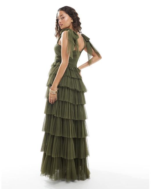 LACE & BEADS Green Bow Shoulder Tulle Maxi Dress