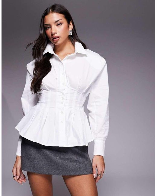 Wanderdoll White Andy Shoulder Pad Cinched Waist Button Through Shirt