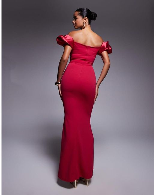 Goddiva Red Puffy Satin Sleeve Maxi Dress