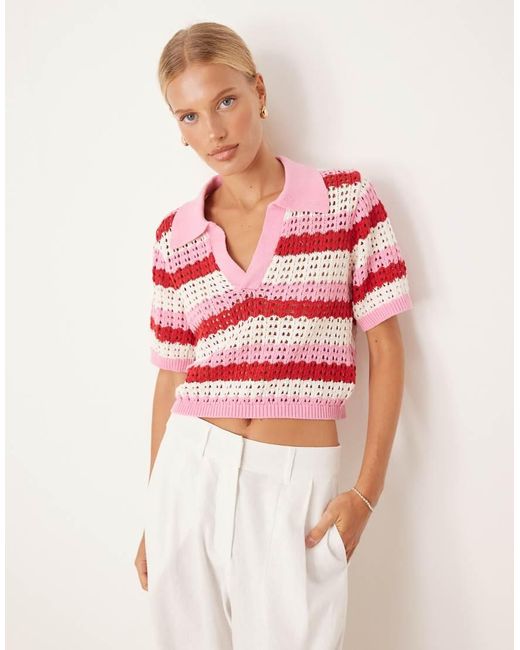 Brave Soul Stripe Pointelle Knit Collared T-Shirt
