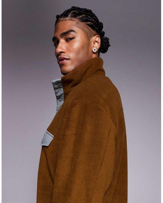 ASOS Brown Relaxed Funnel Neck Fleece Sweatshirt With Quarter Snap for men