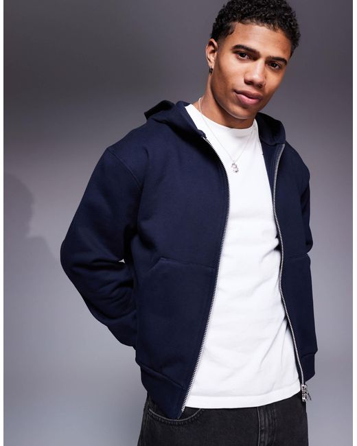 ASOS Blue Premium Heavyweight Boxy Cropped Zip Through Hoodie for men