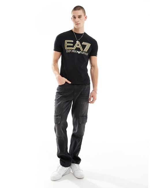 EA7 Black Armani Large Gold Chest Logo T-shirt for men