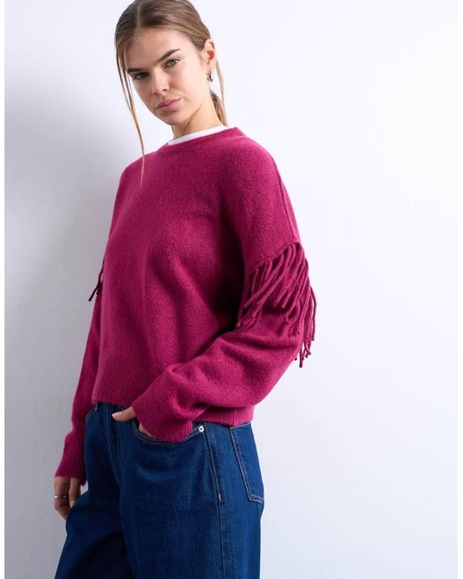 TOPSHOP Red Knitted Fringe Detail Jumper