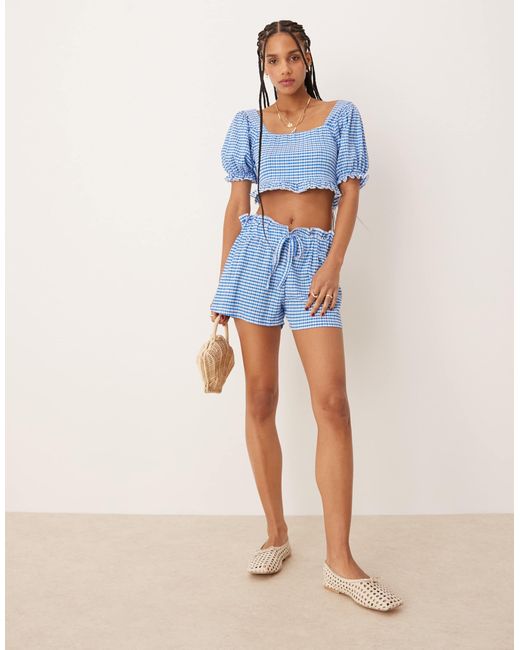 ASOS Blue – knappe shorts mit hellem vichy-karomuster, kombiteil