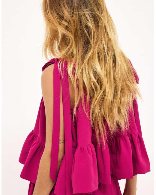 NA-KD Pink Tie Shoulder Ruffle Top
