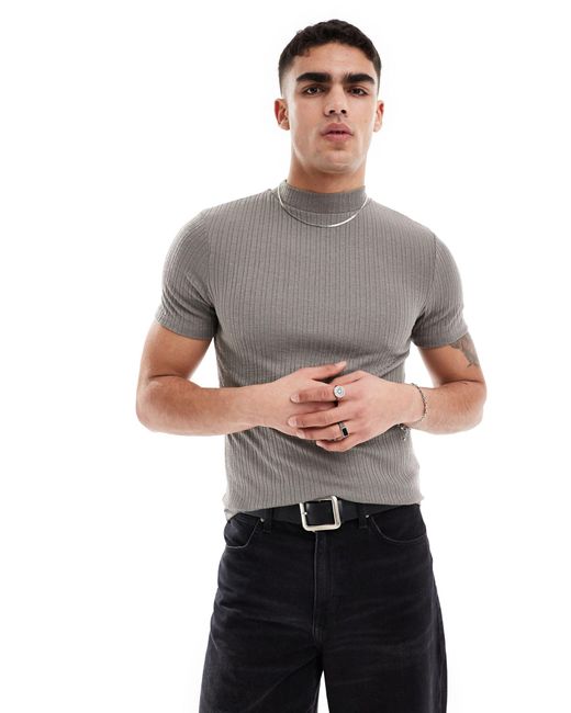 ASOS Gray Muscle Fit Rib T-shirt With Mock Neck for men
