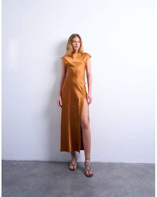 topshop brown satin dress Topshop ruffle shoulder satin slip dress in chocolate