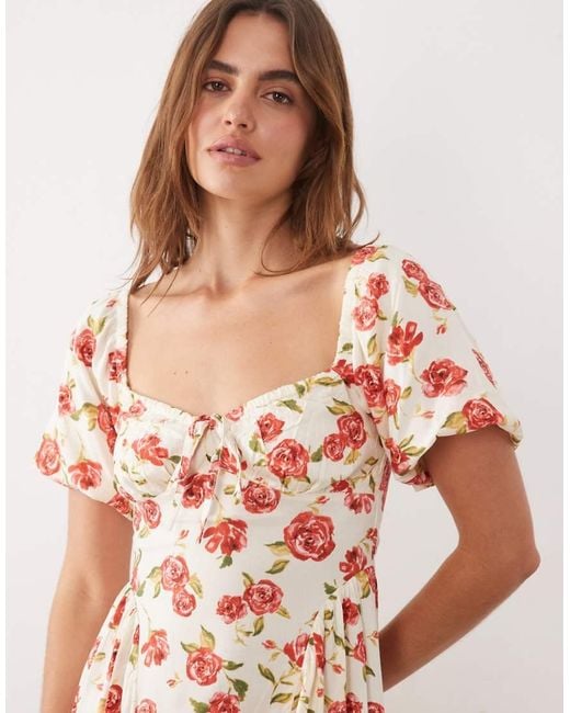 New Look Pink Rose Print Milkmaid Midi Dress
