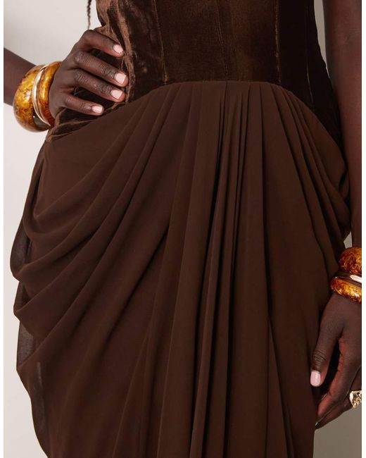 ARRANGE Brown Velvet Plunge Halter Cinch Waist Maxi Dress With Train