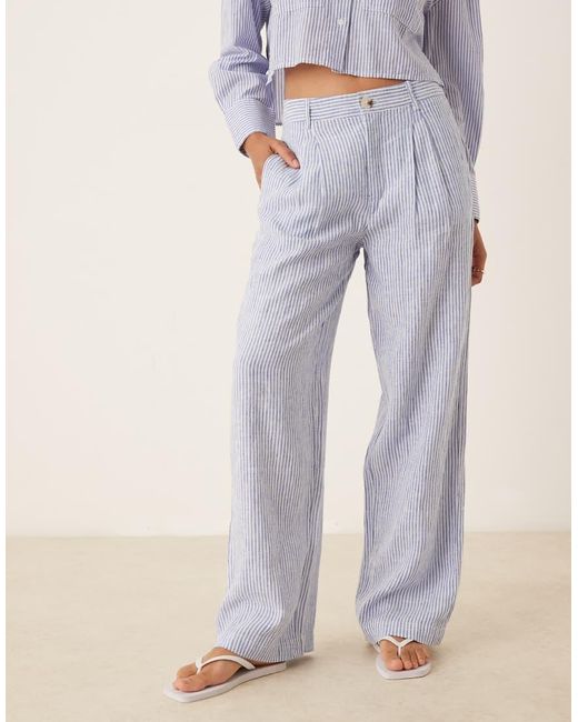 Mango Gestreepte Broek Van Linnenmix Met Elastische Taille in het White