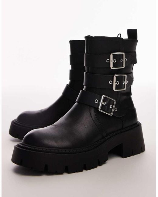 TOPSHOP Black Luke Chunky Biker Boots With Buckle Detail