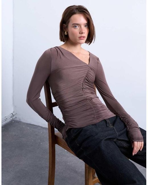 TOPSHOP Purple Asymmetric Ruched Long Sleeve Top