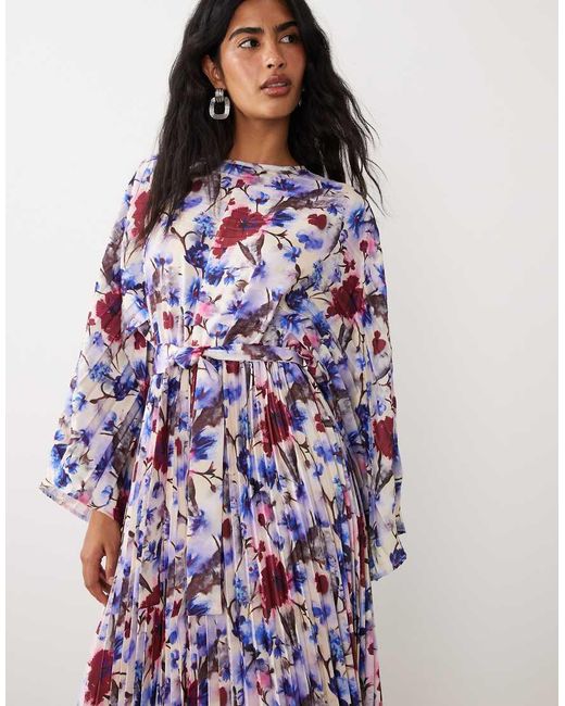 Iyal Purple Long Sleeve Pleated Detail Kaftan Dress